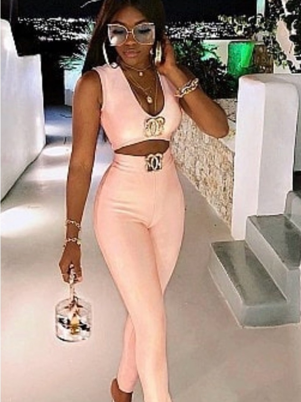 Sleeveless Pink High-Waist Bandaged top and pants set